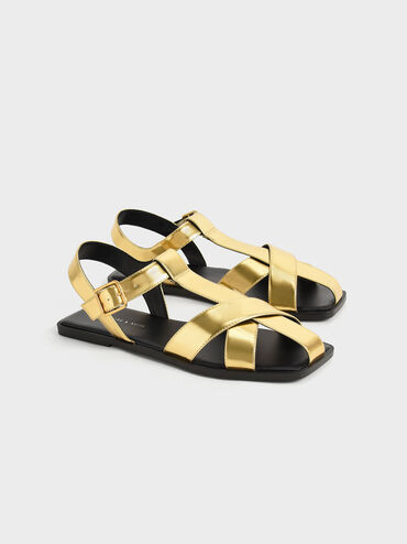 Metallic Strappy Crossover Sandals, Gold, hi-res