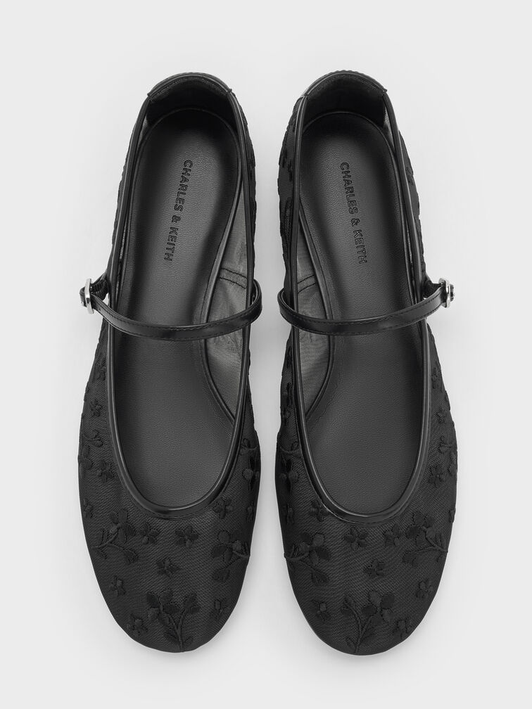 حذاء ماري جين جيرترود شبكي مطرز بزهور, أسود 2, hi-res