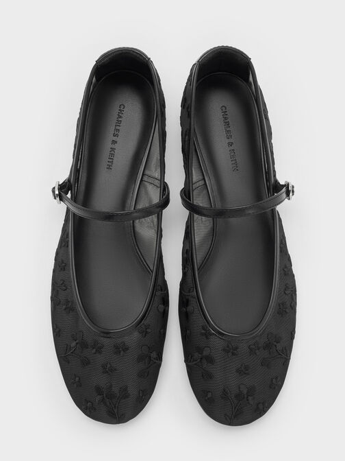 حذاء ماري جين جيرترود شبكي مطرز بزهور, أسود 2, hi-res