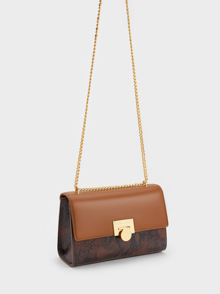 Snake Print Metallic Accent Clutch, Chocolate, hi-res