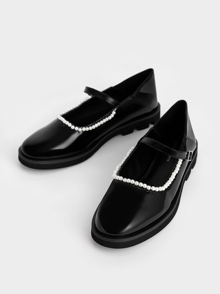 حذاء ماري جين من الجلد اللامع المزين بالخرز, أسود, hi-res