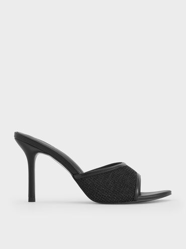 Mesh Stiletto-Heel Mules, Black Textured, hi-res