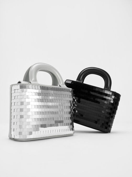 Sequinned Double Handle Tote Bag, Silver, hi-res