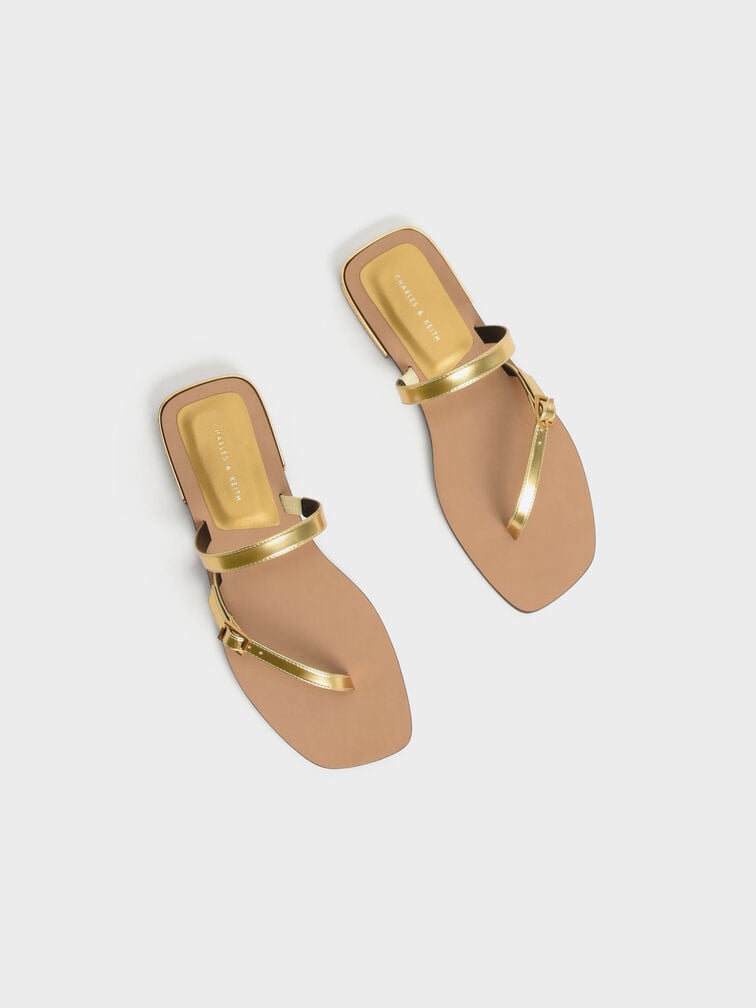 Snake-Print Asymmetric Strap Thong Sandals, Gold, hi-res