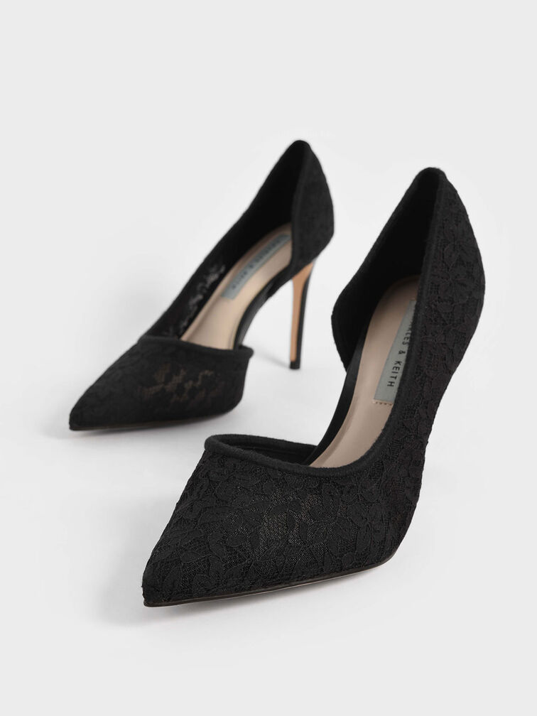 Lace & Mesh Half D'Orsay Stiletto Pumps, Black, hi-res