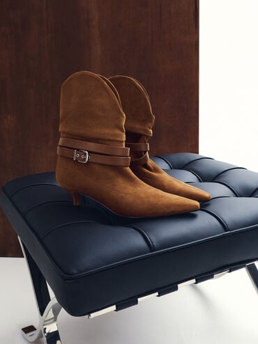 Karter Faux Suede Pointed-Toe Ruched Buckled Kitten-Heel Boots, Cognac, hi-res