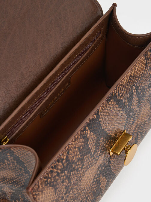 حقيبة بحزام على شكل سلسلة بطبعة جلد الثعبان, بنى, hi-res