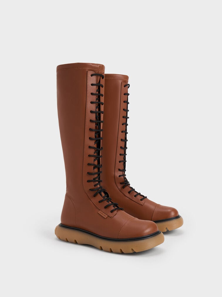 Gum Sole Lace-Up Knee-High Boots, Cognac, hi-res