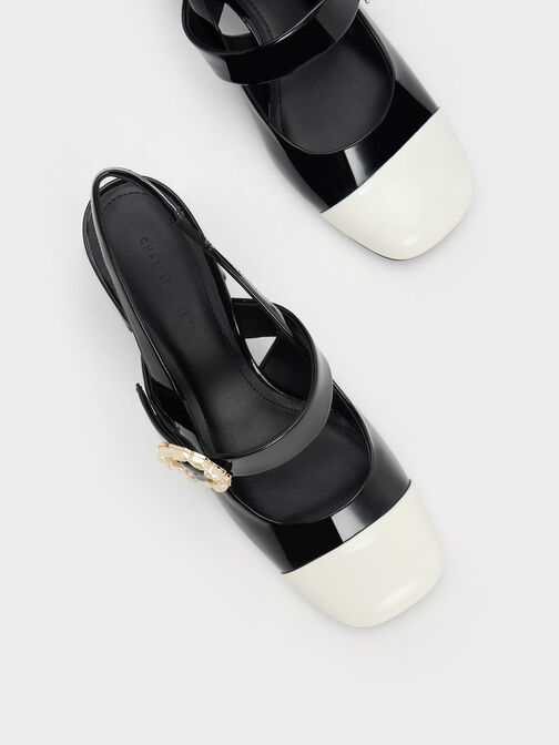 حذاء بكعب عالي ومشبك للكاحل بتصميم مزدوج اللون ومشبك لؤلؤي, Black Patent, hi-res