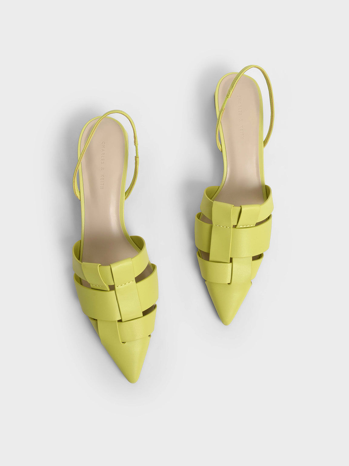 حذاء منسوج مفتوح من الخلف بكعب عال رفيع وحزام كاحل, اخضر ليموني, hi-res