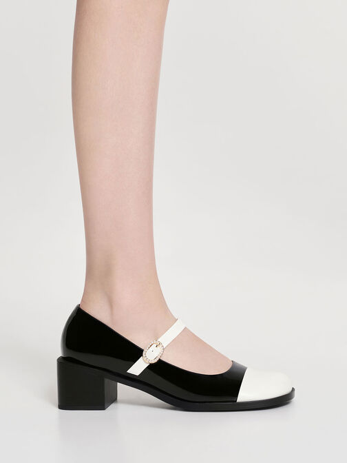 حذاء ماري جينز ثنائي اللون بإبزيم مزين ببلورات, Black Patent, hi-res