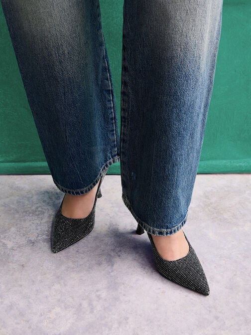 Denim Pointed-Toe Spool-Heel Pumps, Black Textured Denim Pointed-Toe Spool-Heel Pumps, Black Textured, hi-res