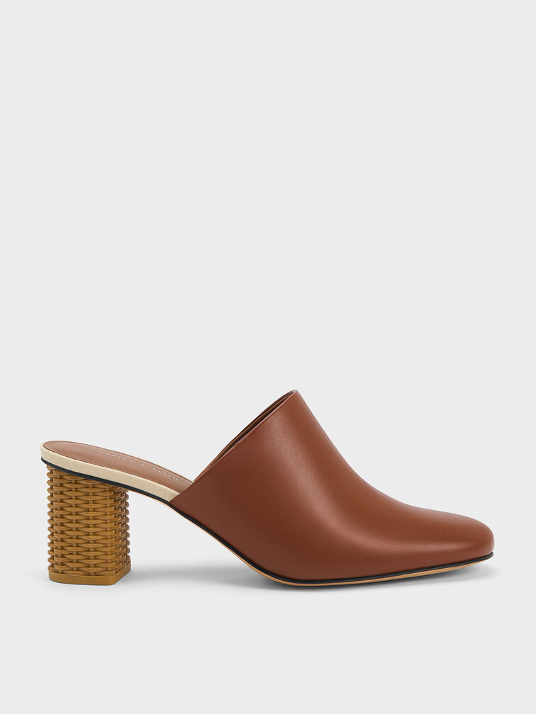 Rattan Block Heel Mules, Cognac, hi-res
