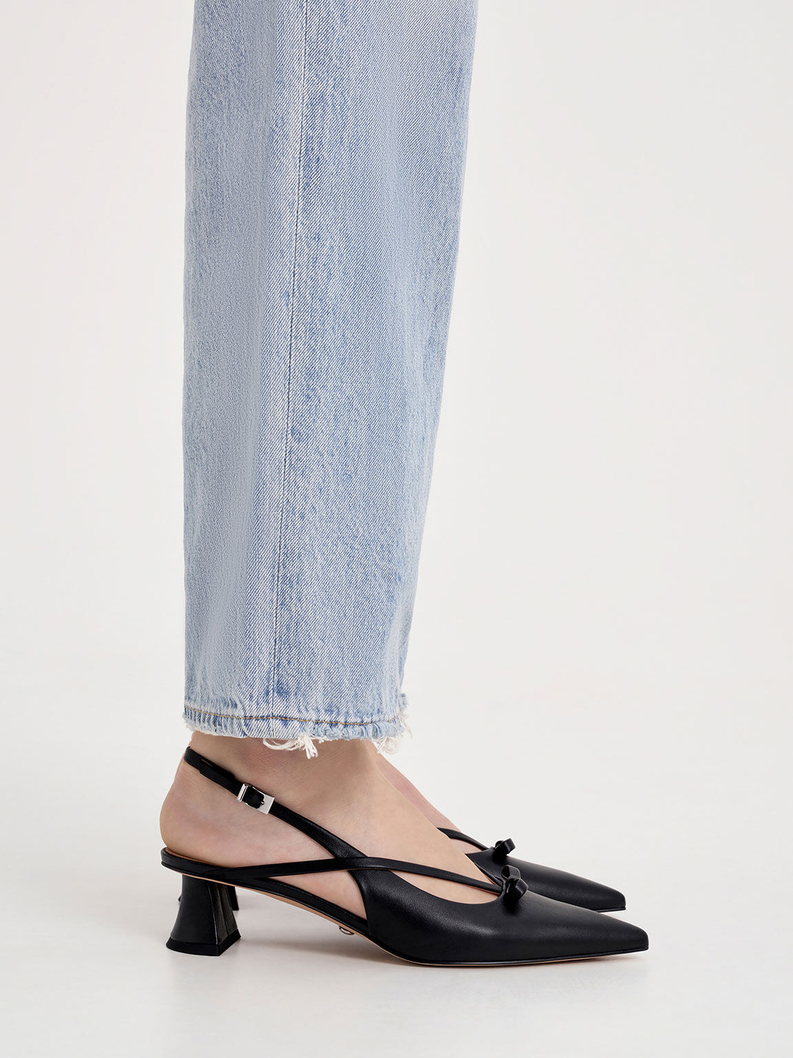 Leather Bow Strappy Slingback Pumps, Black, hi-res