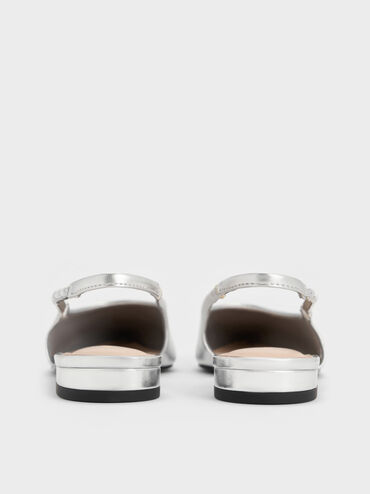 Metallic Crystal-Embellished Strap Slingback Flats, Silver, hi-res