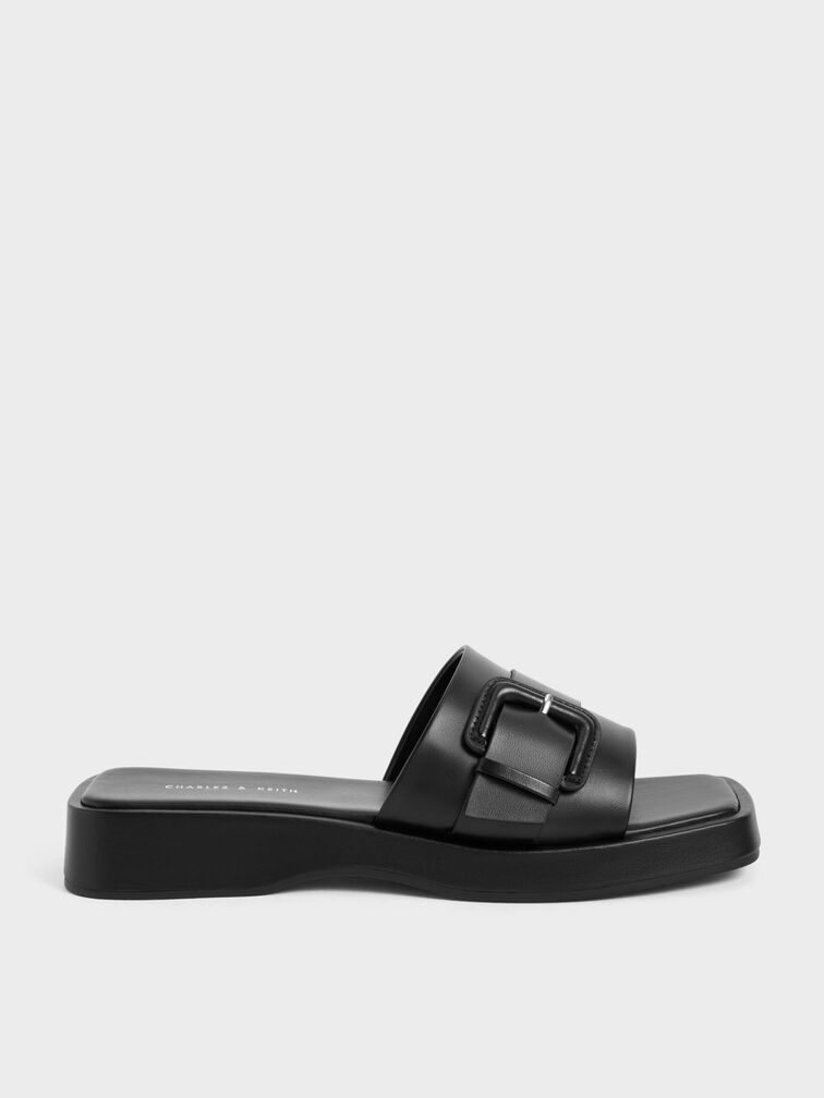 Buckled Platform Sandals, Black, hi-res