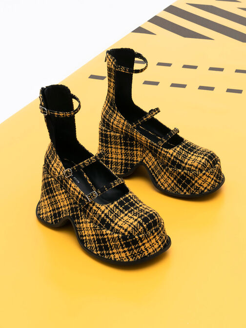 Carlisle Checkered Platform Mary Janes, Yellow, hi-res