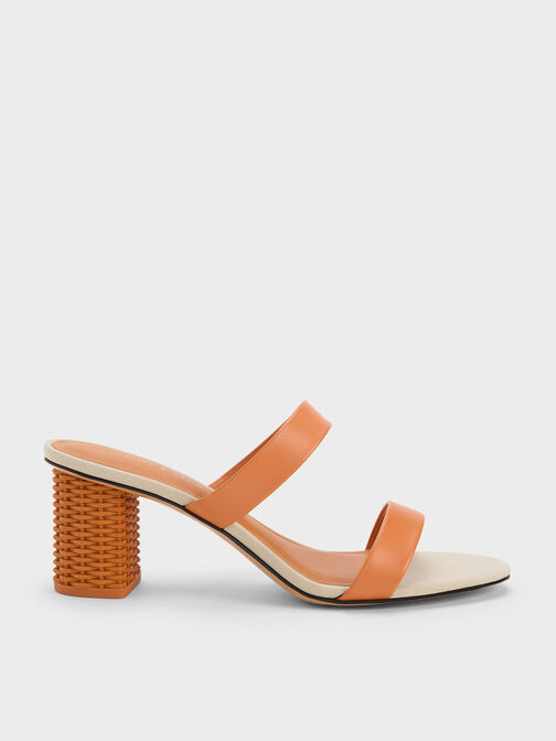Rattan Block Heel Sandals, Orange, hi-res