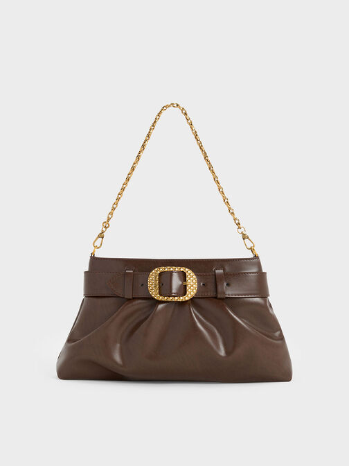 Avis Belted Ruched Shoulder Bag, Dark Brown, hi-res