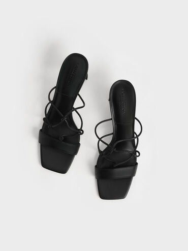 Strappy Leather Sculptural Heel Sandals, Black, hi-res