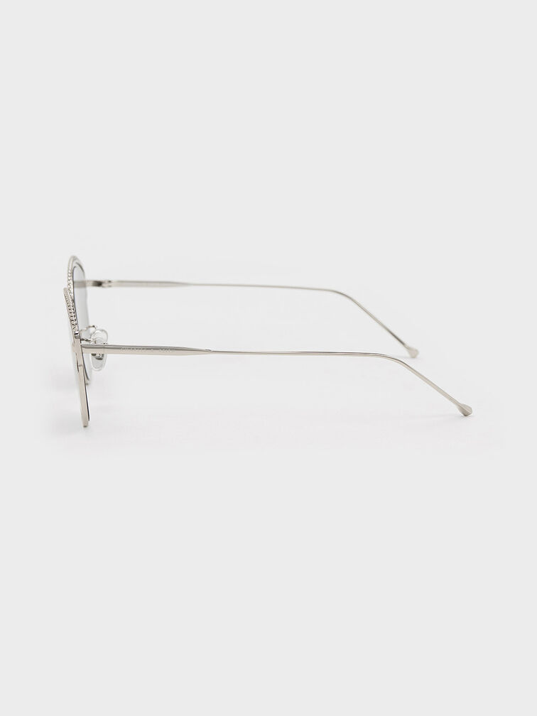 Braided Wire-Frame Cateye Sunglasses, Silver, hi-res