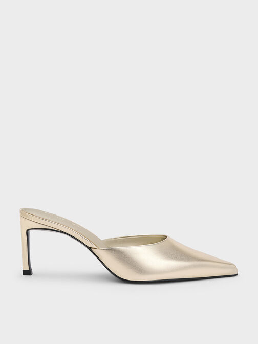 Metallic Pointed-Toe Heeled Mules, Gold, hi-res