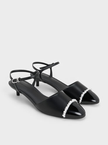 Pearl-Embellished Cap-Toe Kitten Heels, Black, hi-res