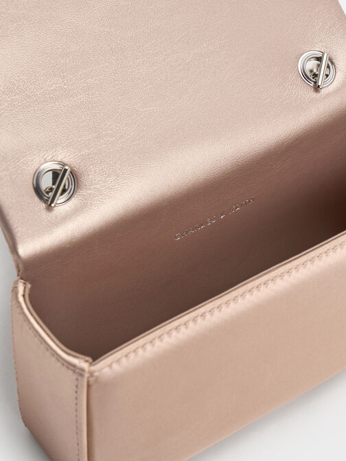 Satin Crystal-Buckle Belted Chain-Handle Bag, Sunset Nude, hi-res