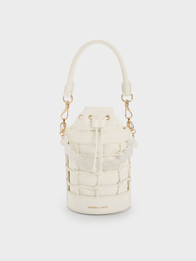 Heart Motif Caged Bucket Bag, Chalk, hi-res