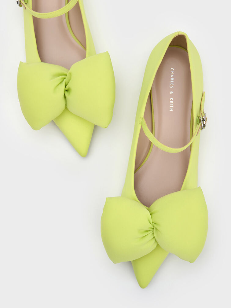 حذاء مسطح ماري جين مزين بفيونكة منتفخة, اخضر ليموني, hi-res