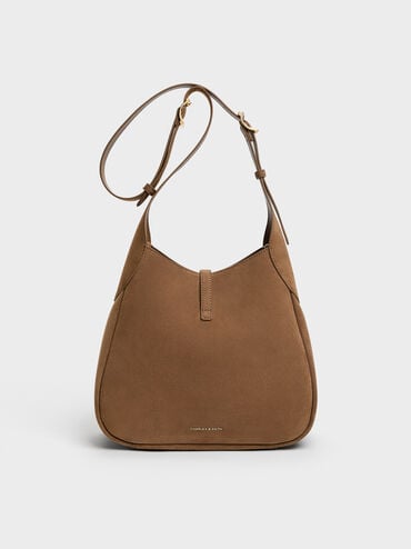 Adalyn Recycled Suede Metallic-Buckle Belted Hobo Bag, Mocha Brown, hi-res