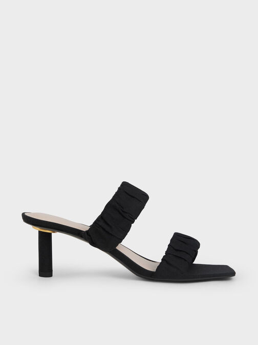 Linen Ruched Heeled Mules, Black, hi-res