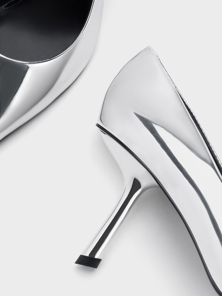 Metallic Slant-Heel Pointed-Toe Pumps, Silver, hi-res