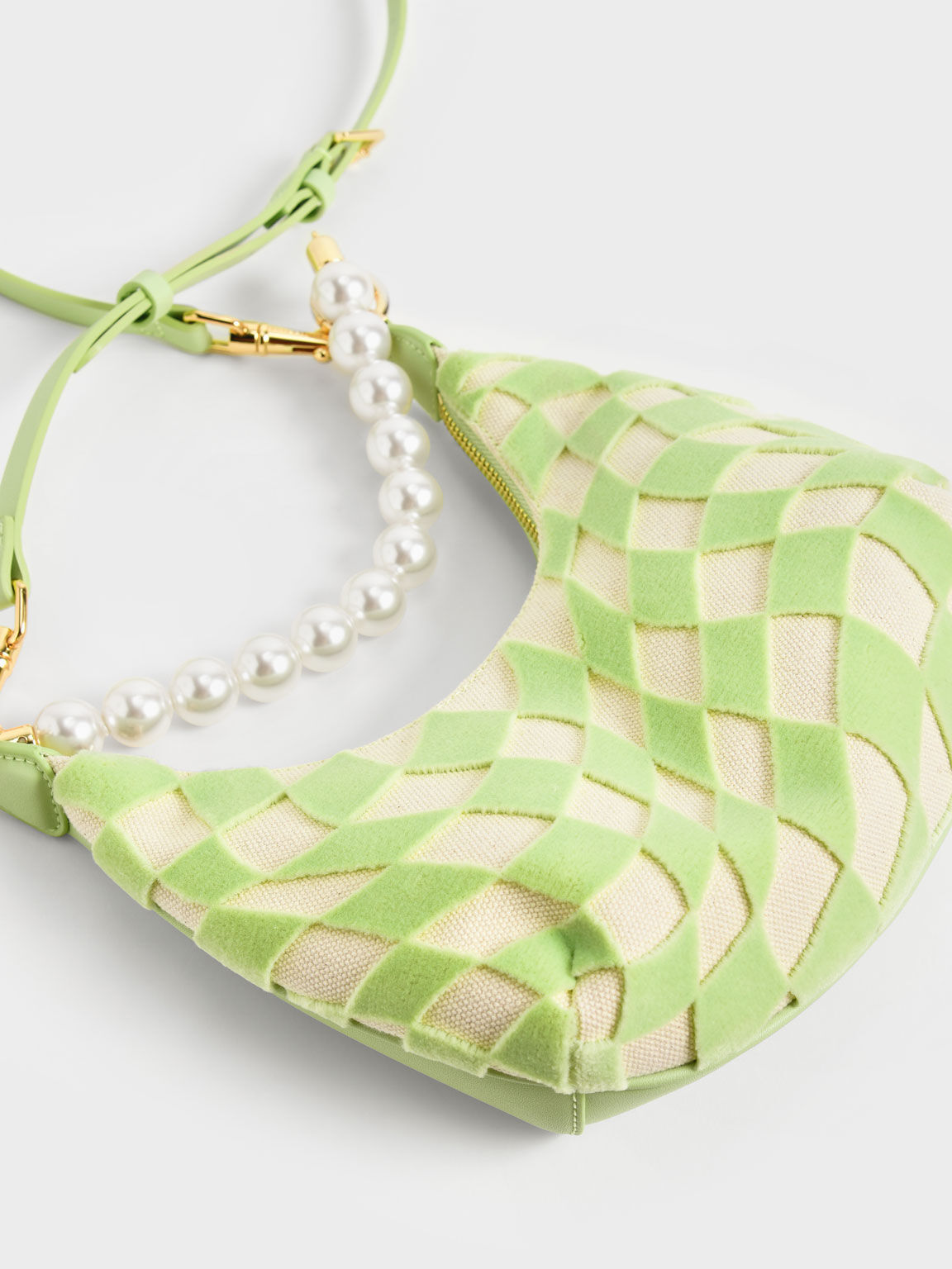Checkered Canvas Bead-Handle Bag, Mint Green, hi-res