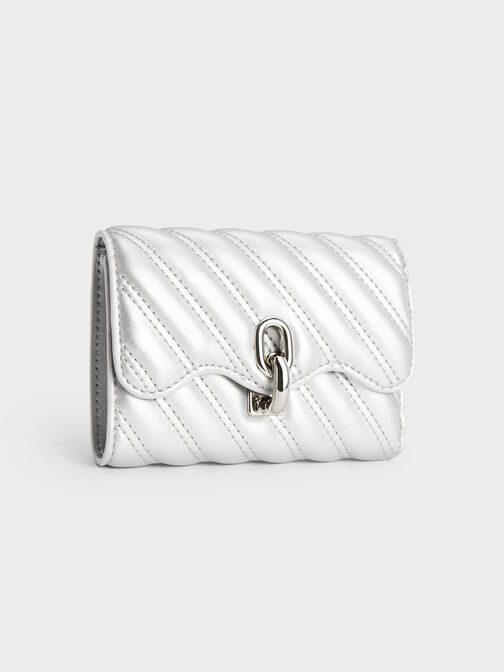Freja Wavy Metallic Quilted Wallet, Silver, hi-res