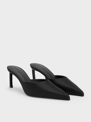 Satin Pointed-Toe Heeled Mules, Black Textured, hi-res