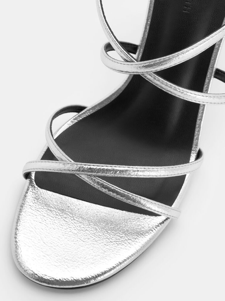 Metallic Strappy Crossover Trapeze-Heel Sandals, Silver, hi-res