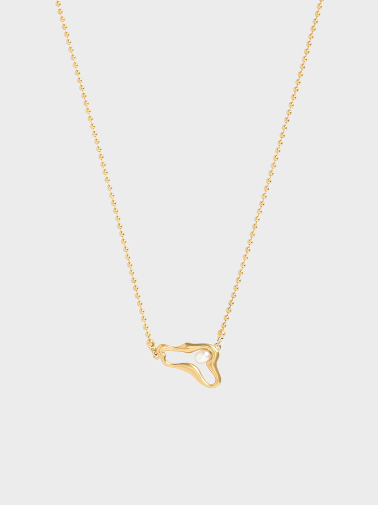 Sculpted Pendant Bead Necklace, Brush Gold, hi-res