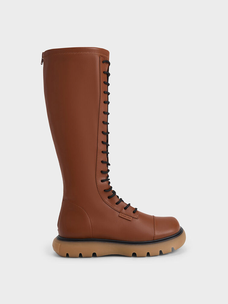 Gum Sole Lace-Up Knee-High Boots, Cognac, hi-res