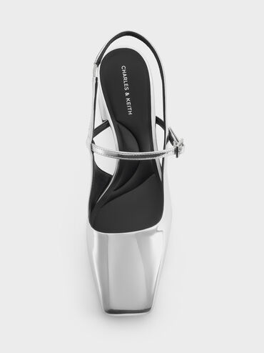 Metallic Square-Toe Mary Jane Slingback Pumps, Silver, hi-res