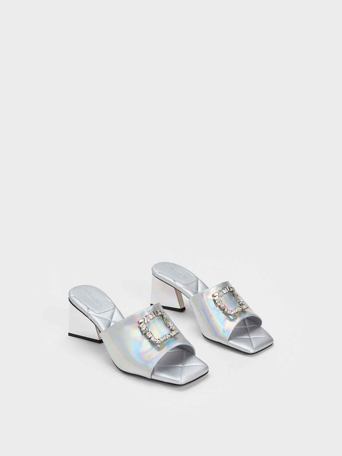 Gem Embellished Holographic Leather Mules Multi