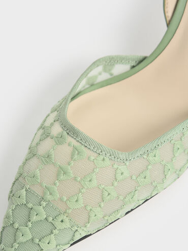 حذاء من الدانتيل بكعب عالٍ وتصميم مفتوح من الخلف وحزام كاحل, لون أخضر, hi-res