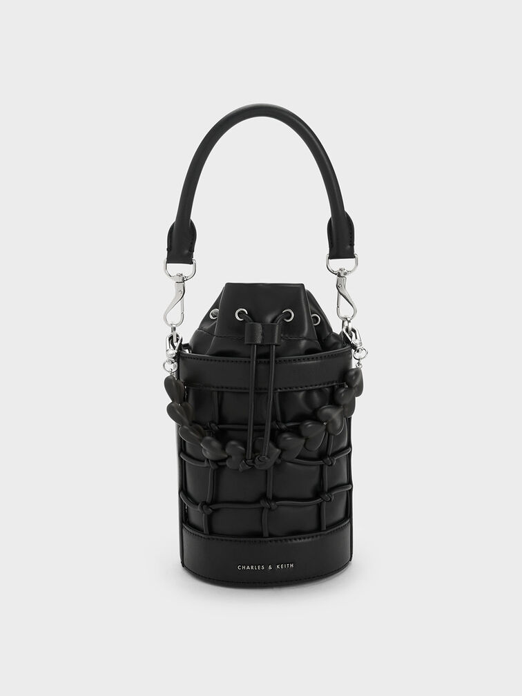 Heart Motif Caged Bucket Bag, Black, hi-res
