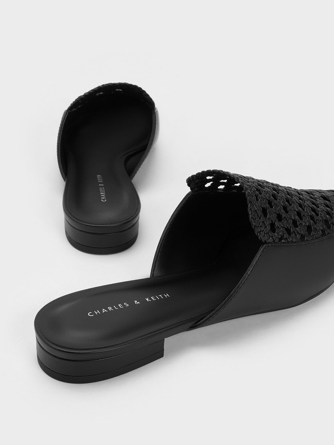 Woven Tapered Flat Mules, Black, hi-res