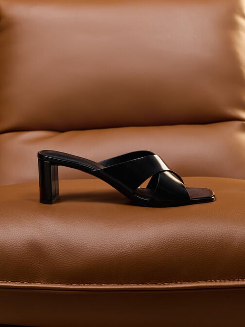 Georgina Crossover-Strap Blade-Heel Mules, Black Boxed, hi-res
