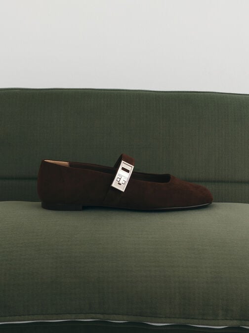 حذاء ماري جين فلات لاندو شمواه صناعي بمشبك, بني محبّب غامق, hi-res