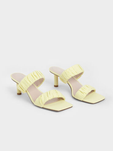 Linen Ruched Heeled Mules, Yellow, hi-res