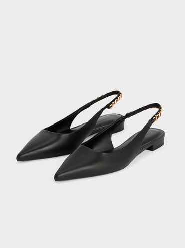Braided-Chain Slingback Flats, Black, hi-res