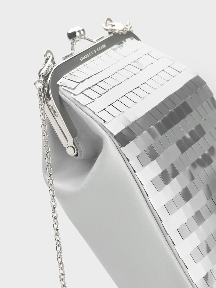 Disc-Embellished Chain Handle Pouch, Silver, hi-res