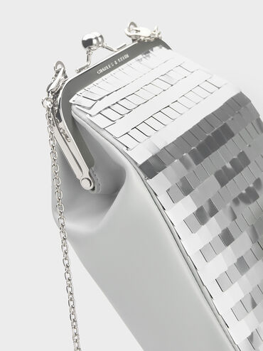 Disc-Embellished Chain Handle Pouch, Silver, hi-res